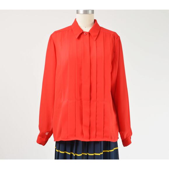 Vintage 80s Red Pleated Blouse Semi Sheer Top Collared Button Down Blouse M - Picture 2 of 8